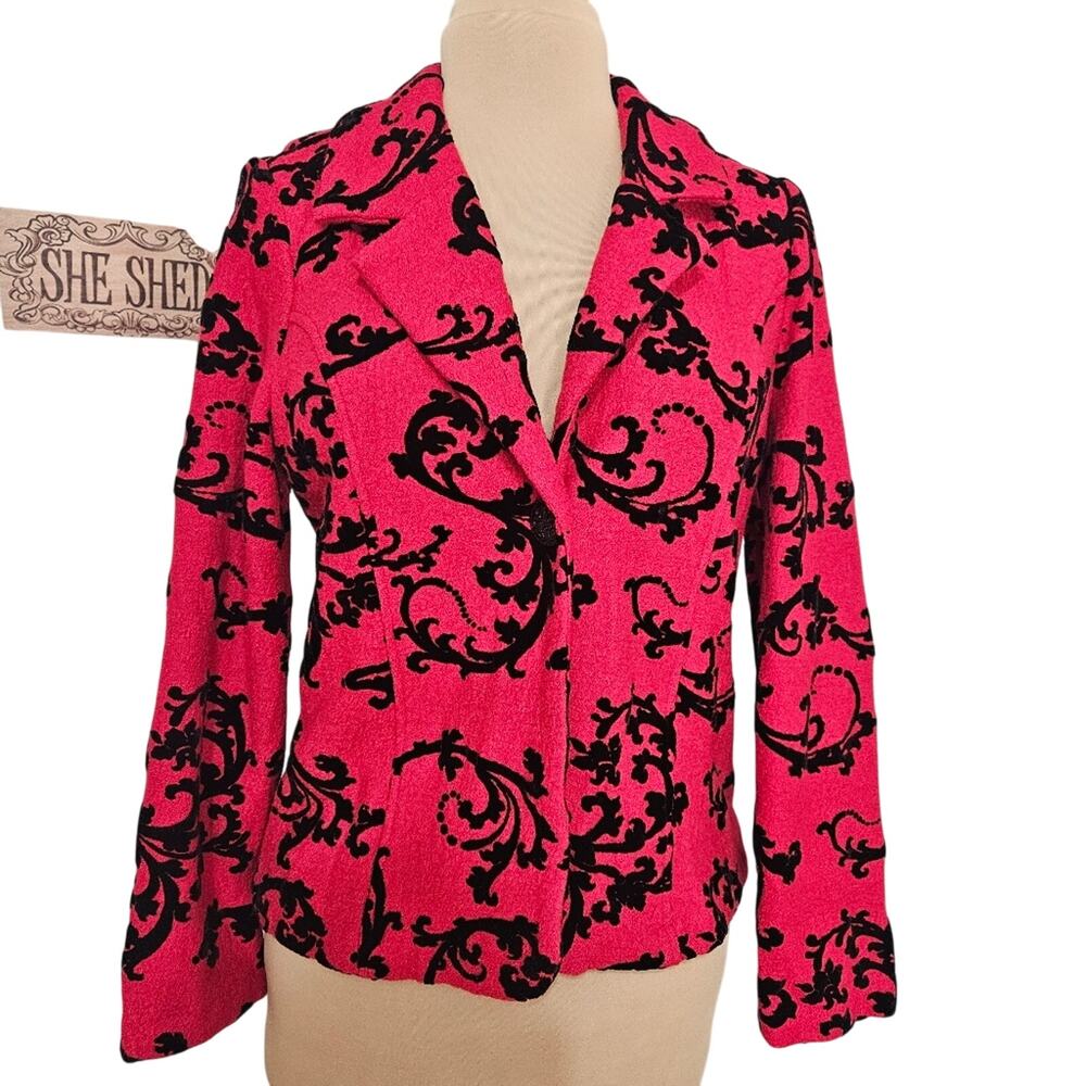 Coldwater Creek Red Black Baroque Flocked Blazer Jacket L Wool Blend Holiday